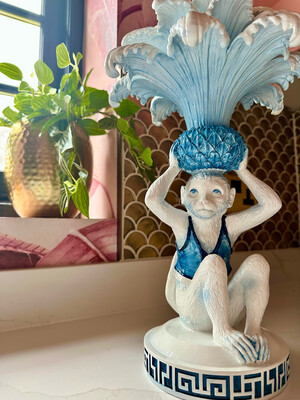 Ceramic White & Blue Monkey Candle Holder