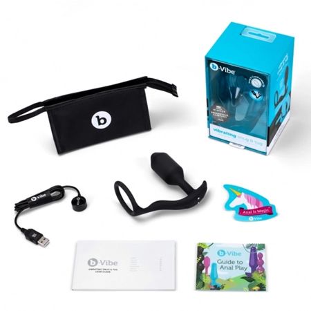 b-Vibe Vibrating Snug &amp; Tug Rechargeable Weighted Silicone Anal Plug with Cockring M Black