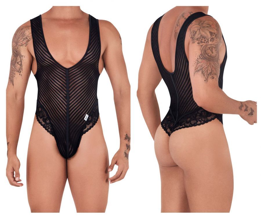  Lace-Mesh Bodysuit Thong , Color: Black, Size: M