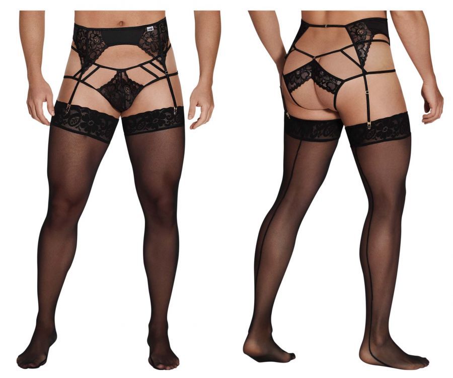  Lace Garter-Jockstrap Outfit , Color: Black, Size: S/M