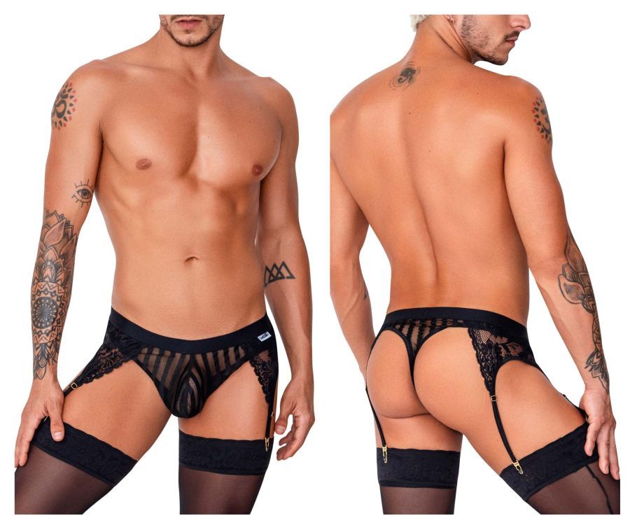 Garter Thongs , Color: Black, Size: S