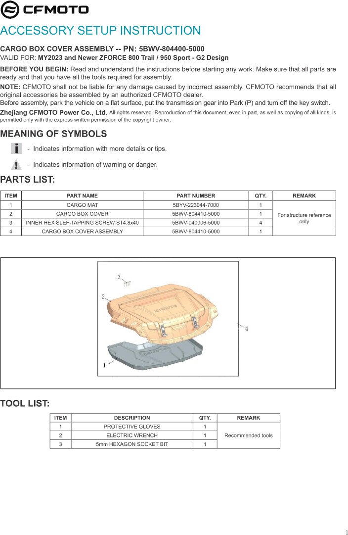 ZFORCE 800/950 Gen. 2 Rear Cargo Box Cover, CFMOTO OEM (5BWV
