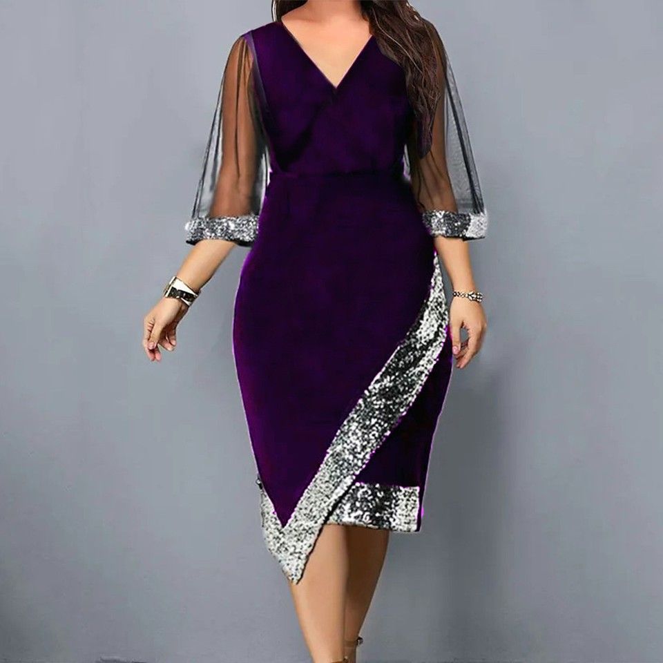 Women&#39;s Dress Sequin Mesh Long Sleeve Asymmetrical Hem Formal Occasion Dress Elegant Slim Fit V-Neck Luxury Summer Skinny 2025