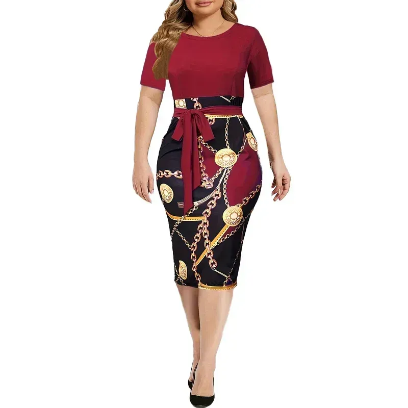 Summer New Dress Women Colorblock Chain Print Short Sleeve Round Neck Slight Stretch Slim Fit Mini Dresses