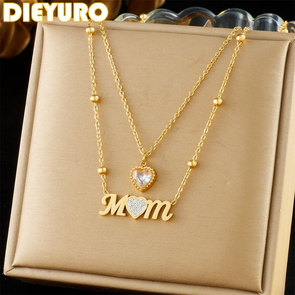 DIEYURO 316L Stainless Steel Heart Zircon Letter MOM Pendant Necklace For Women Trend Clavicle Chain Jewelry Mother's Day Gift DIEYURO 316L Stainless Steel Heart Zircon Letter MOM Pendant Necklace For Women Trend Clavicle Chain Jewelry Mother's Day Gift