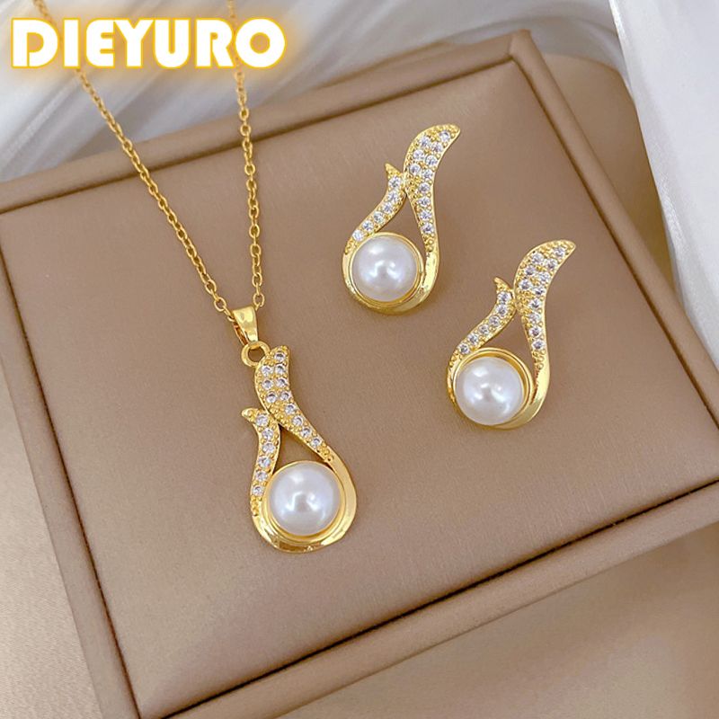 DIEYURO 316L Stainless Steel Steell Elegant Pearl Zircon Water Bottle Pendant Necklace Earrings Set Girl New Trend Jewelry Gift