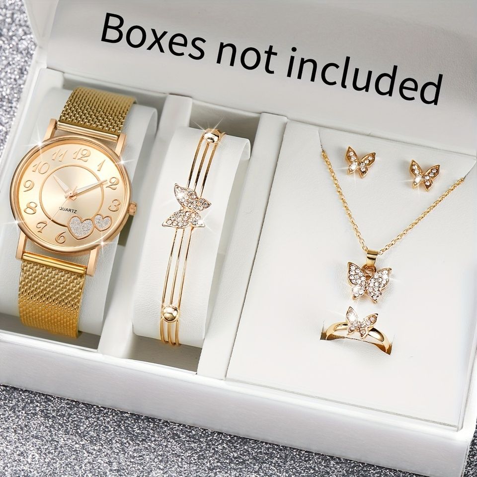 6PCS/Set Fashion Heart Women&#39;s Watch Plastic Band Analog Golden Quartz Watches Butterfly Jewelry Set(Without Box)