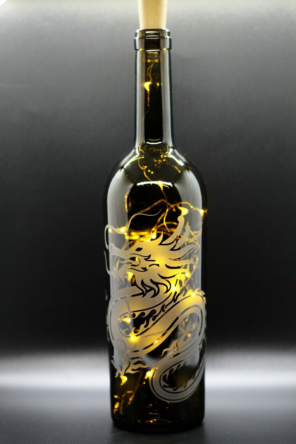 Hand Etched Wine Bottles w/ String Lights.