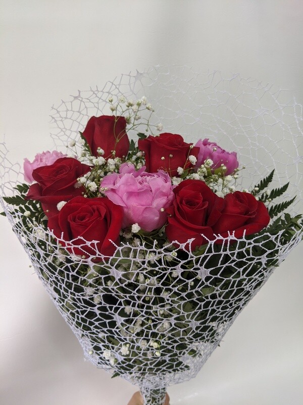 Handheld Bouquet Of Half Dozen Roses And Peonies