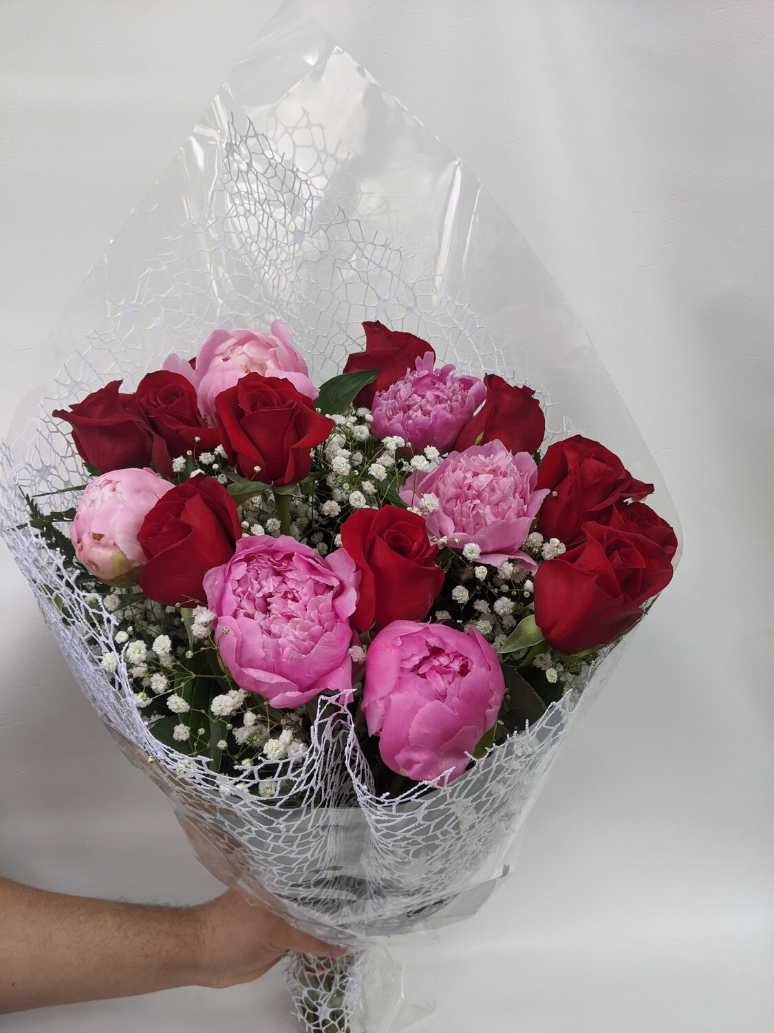 Handheld Bouquet Of Dozen Roses And Peonies Handheld Bouquet Of Dozen Roses And Peonies