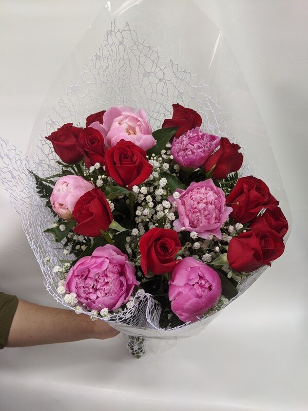 Handheld Bouquet Of Dozen Roses And Peonies