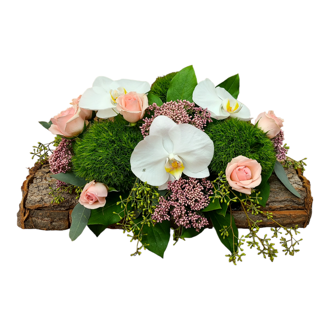 Roses And Orchids In Wood Log