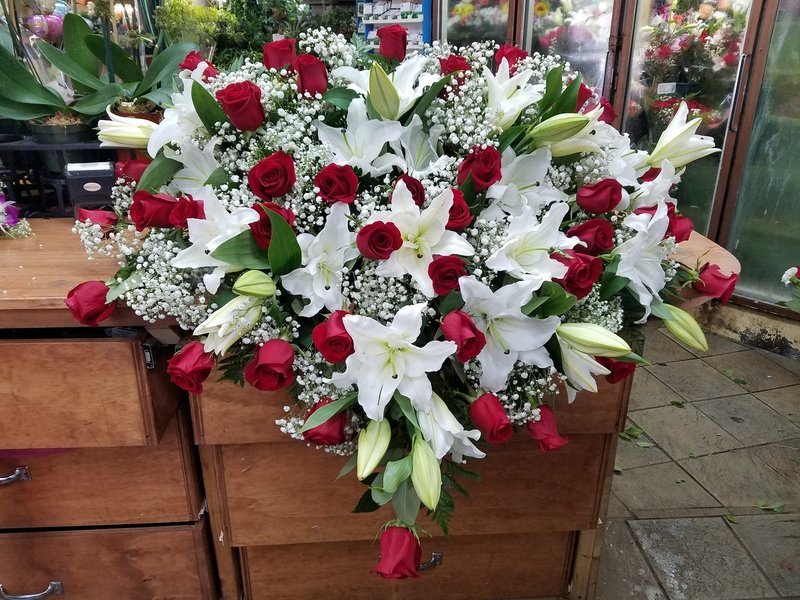 Classic Red Roses And White Lilies Casket Flower Arrangement 
