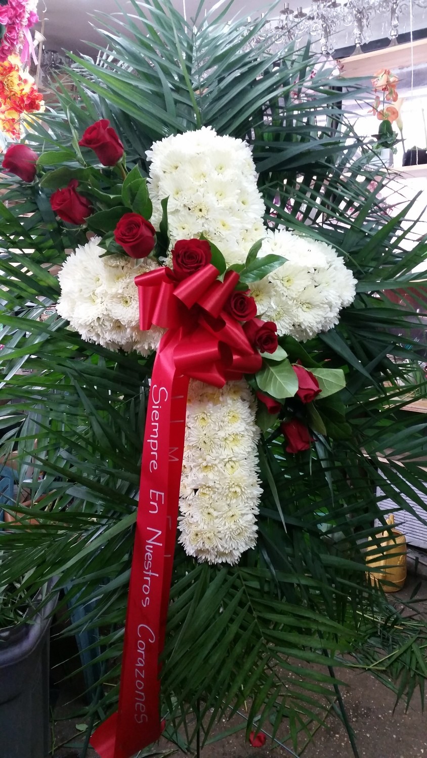 White and Red Rose Sympathy Cross