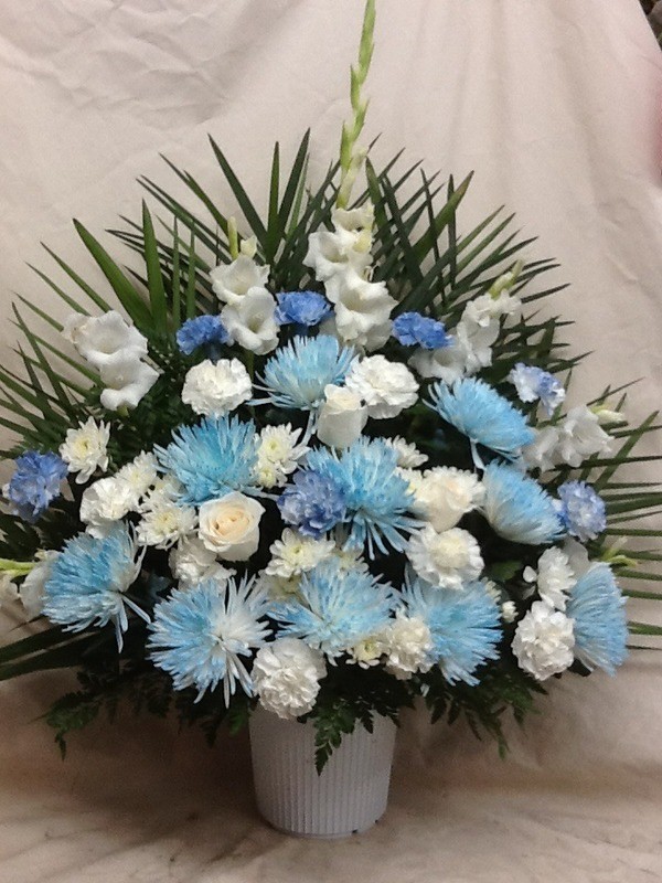 Sympathy Blue And White Basket Arrangement