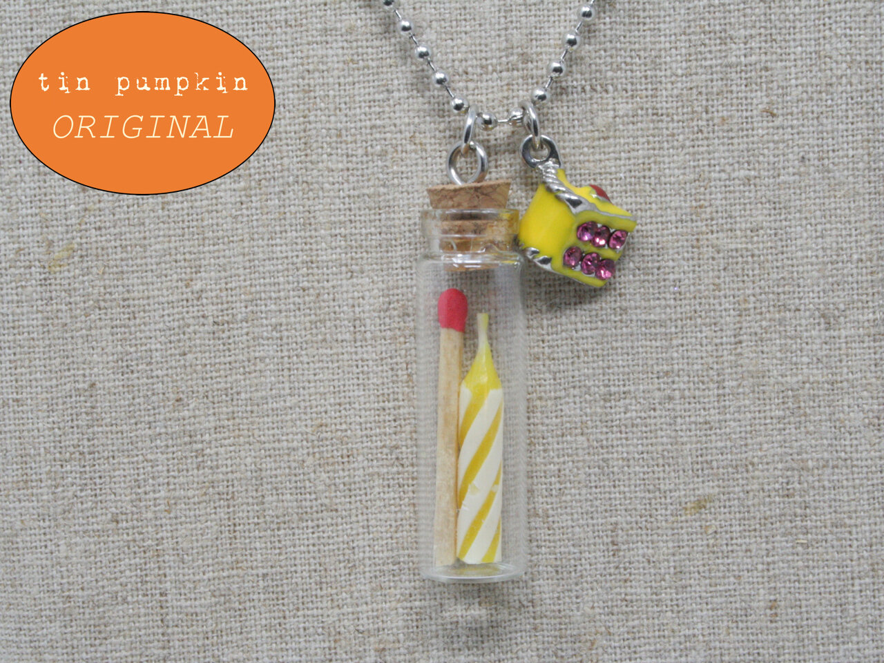 Vial Necklace with Birthday Candle and Match and Attached Cake Slice Charm