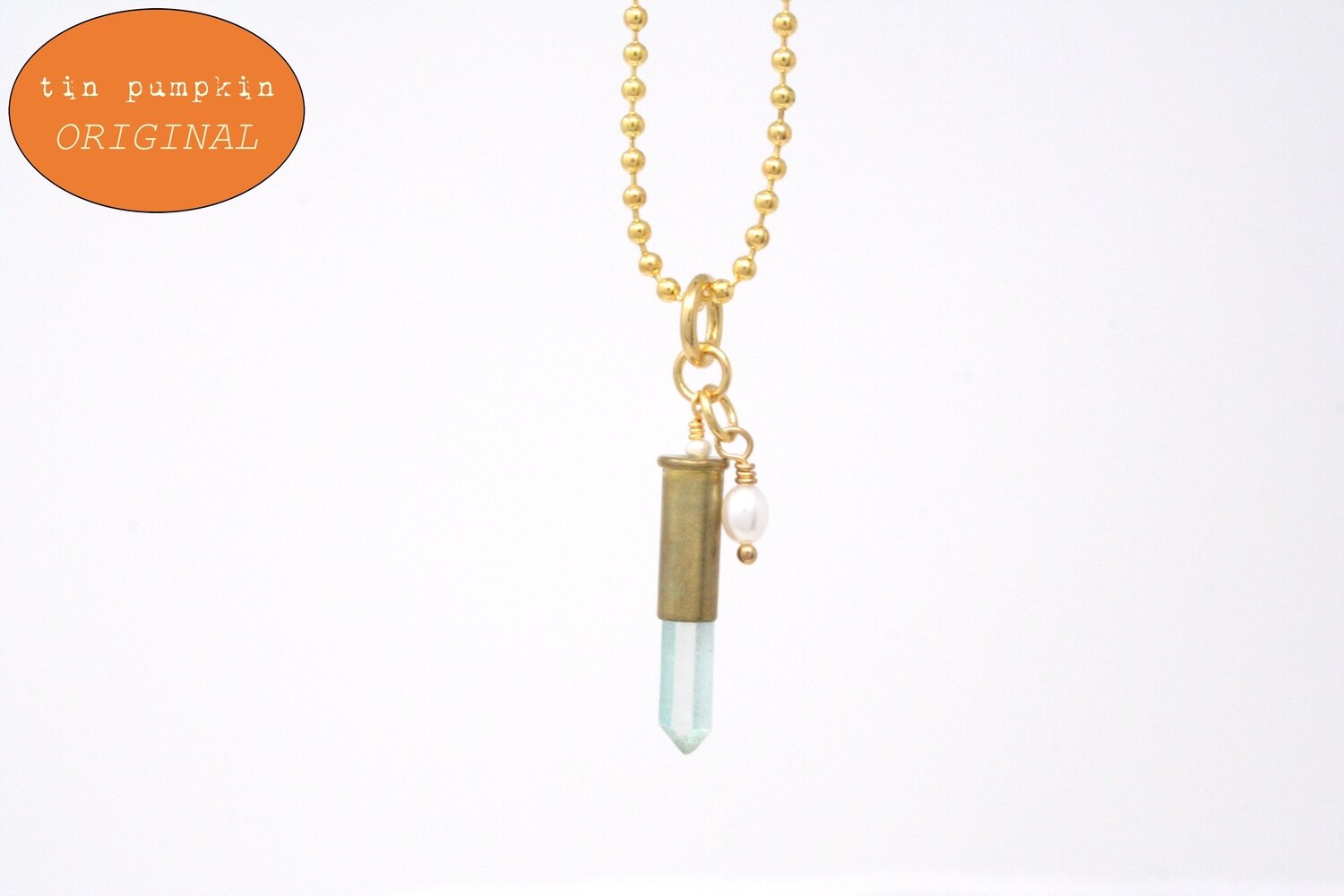 22-Caliber Brass Bullet Casing Necklace with Pale Blue Quartz Crystal - 24" chain