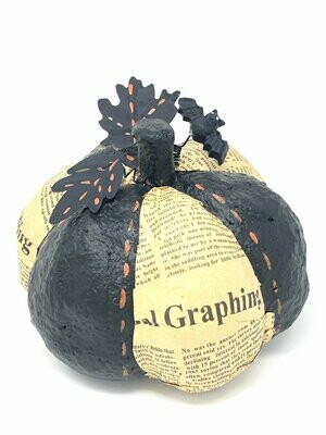 Newsprint and Black Striped Papier Mache Pumpkin