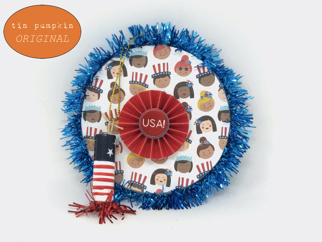 Round Paper Mache Ornament USA with Blue Tinsel