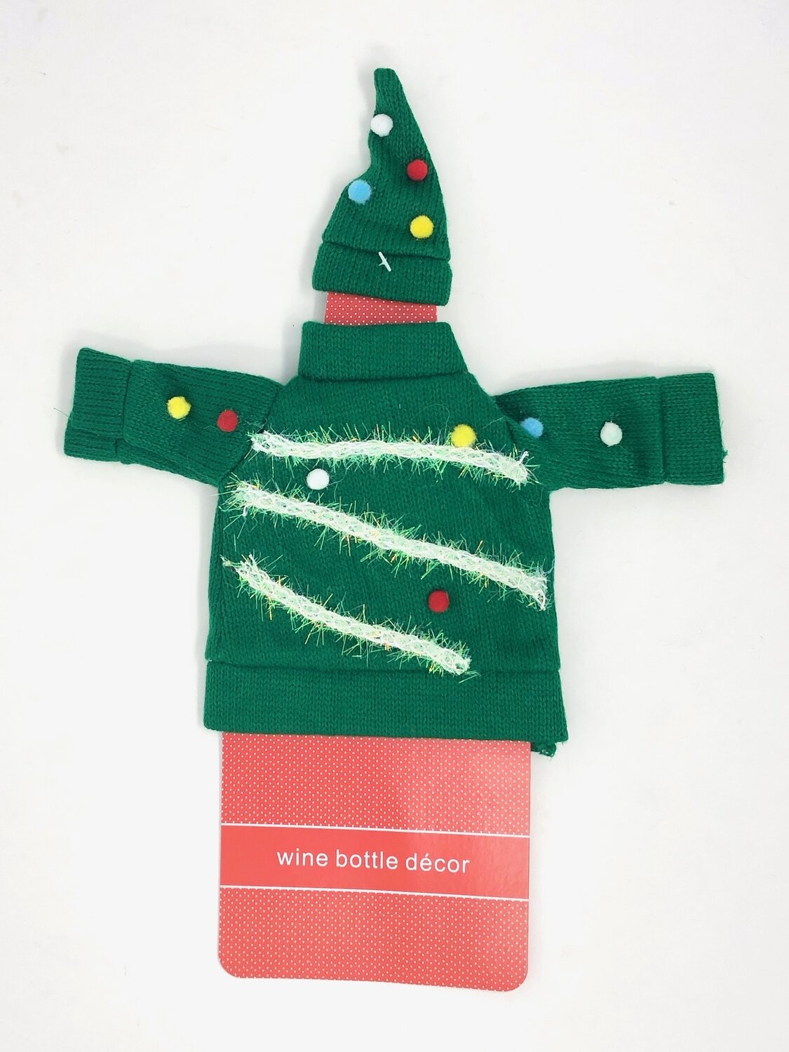 Green Christmas Tree Knit Hat and Sweater Wine Bottle Decor
