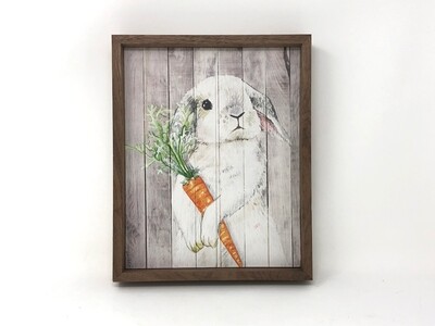 Wood Sign with White Easter Bunny and Carrot