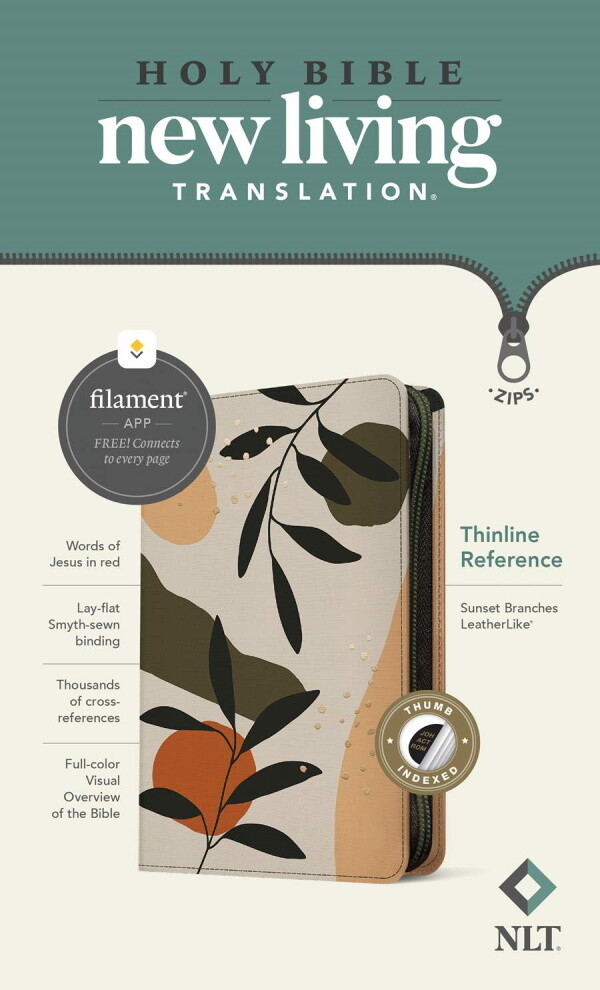 NLT Thinline Reference Zipper Bible, Filament Enabled Edition, LeatherLike, Sunset Branches, Indexed