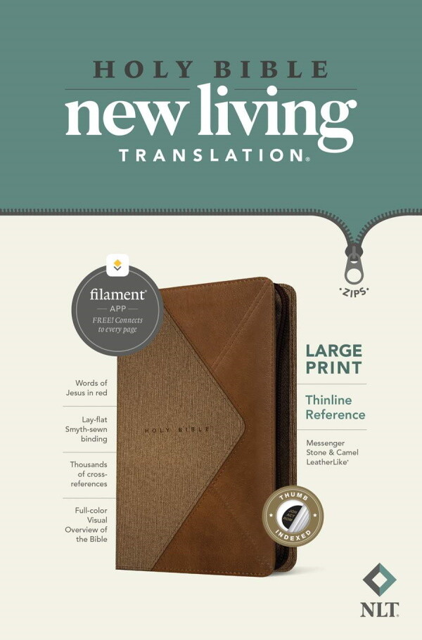 NLT Thinline Large Print Reference Zipper Bible, Filament Enabled Edition, LeatherLike, Messenger Stone & Camel, Indexed