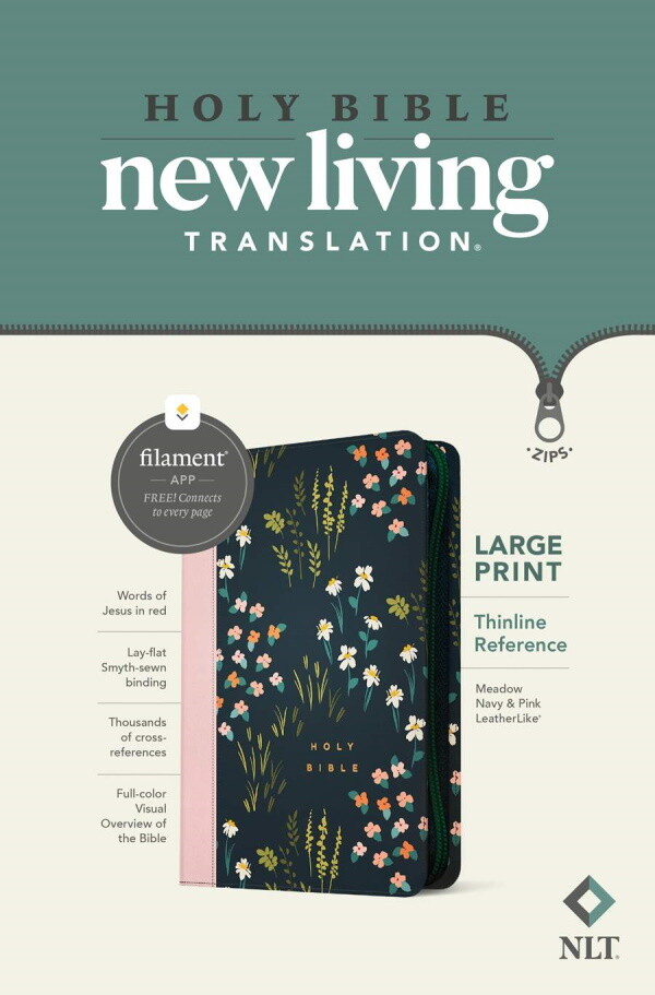 NLT Thinline Large Print Reference Zipper Bible, Filament Enabled Edition, LeatherLike, Meadow Navy & Pink