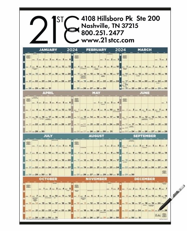 21stCC 2024 Laminated Dry Erase Wall Calendar with Marker