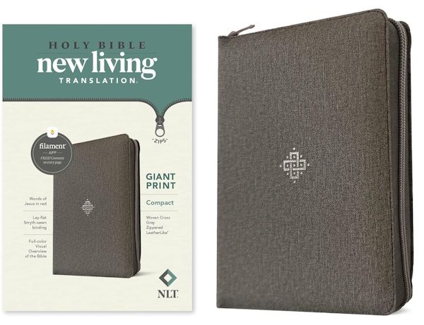NLT Compact Giant Print Bible, Filament-Enabled Edition, LeatherLike, Woven Cross Gray with Zipper