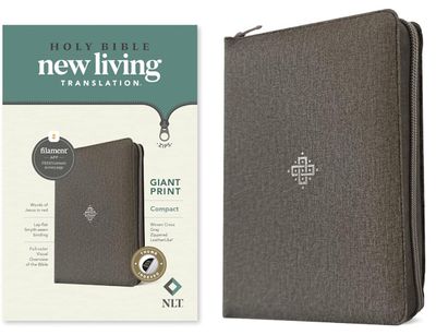 NLT Compact Giant Print Bible, Filament-Enabled Edition, LeatherLike, Woven Cross Gray with Zipper, Indexed