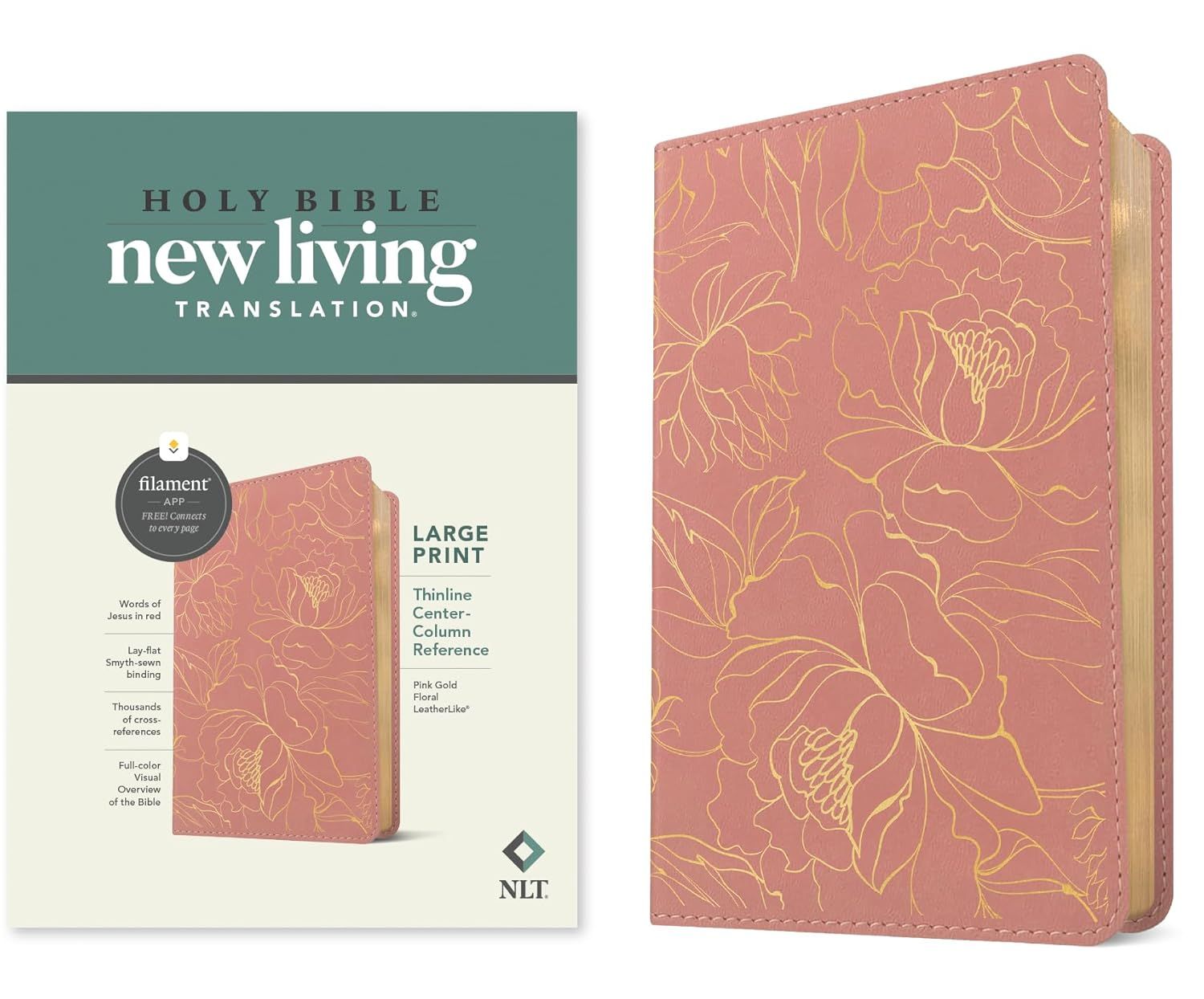 NLT Thinline Large Print Center-Column Reference Bible, Filament Enabled Edition, LeatherLike, Pink Gold Floral