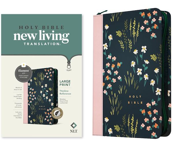 NLT Thinline Large Print Reference Zipper Bible, Filament Enabled Edition, LeatherLike, Meadow Navy & Pink, Indexed