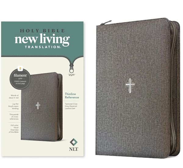 NLT Thinline Reference Zipper Bible, Filament Enabled Edition, LeatherLike, Textured Gray Cross