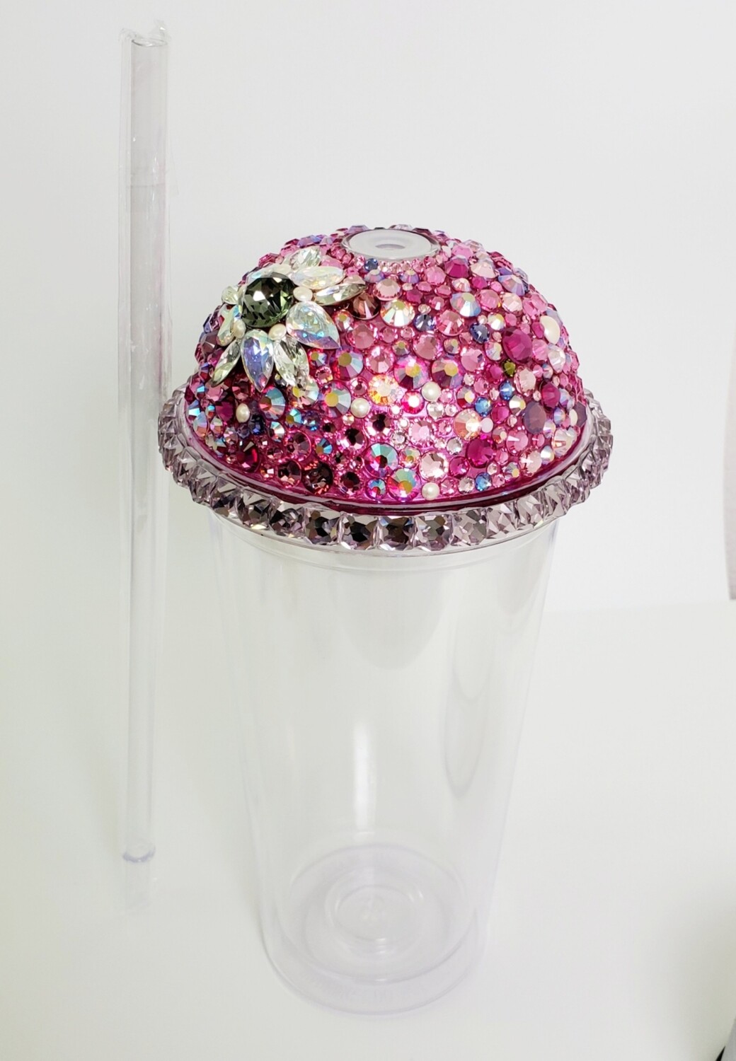 20oz Swarovski Crystal Dome Lid With Clear Cup And Straw Flower Pinks
