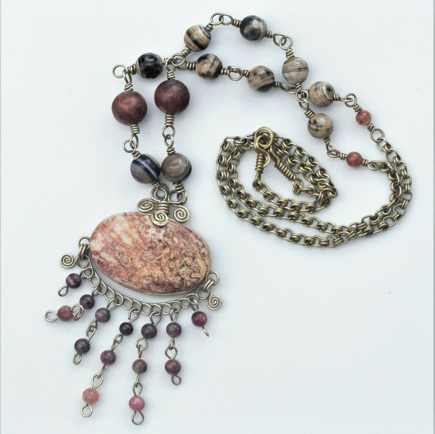 Leopard Jasper necklace with rhodochrosite and black agate