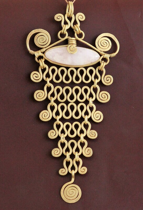 Rose quartz with brass filigree lariat