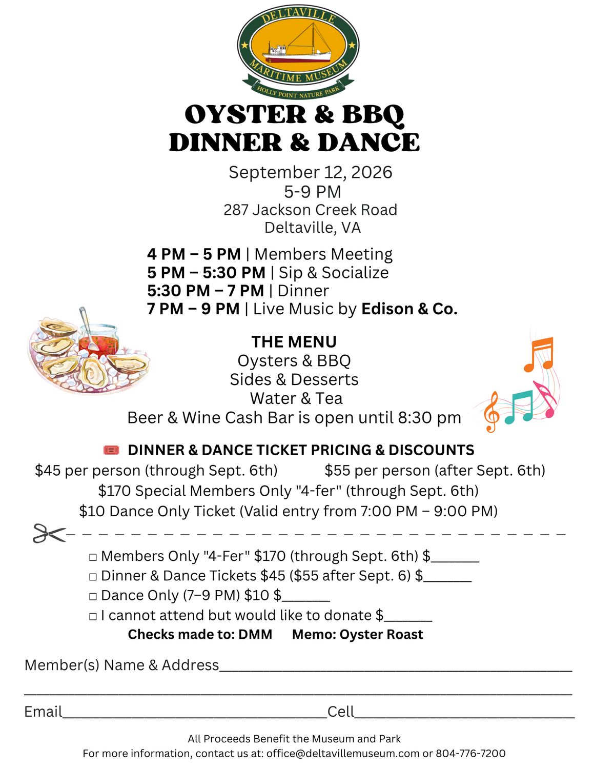 Oyster Roast September 12th 5:00-9:00 p.m.