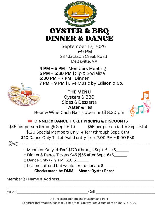 Oyster Roast September 12th 5:00-9:00 p.m.