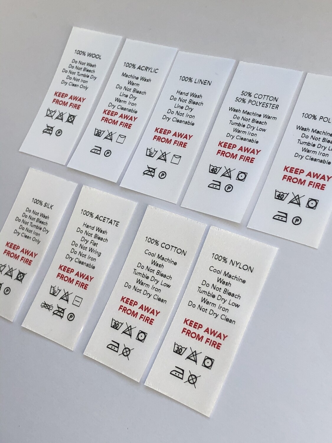 Standard Fabric Content Labels PRINTED (Including FIRE WARNING) x 100 Labels