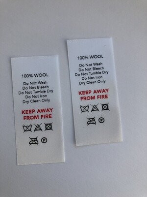 Standard Fabric Content Labels PRINTED (Including FIRE WARNING) x 100 Labels