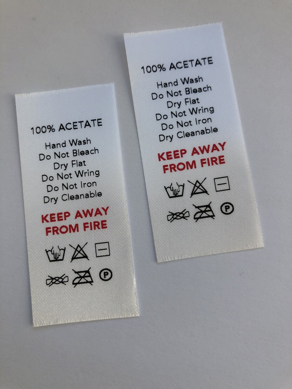 100% Acetate Wash Care Labels for Clothing &amp; Textiles