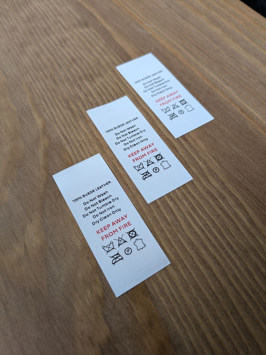 100% Suede Leather – Printed Garment &amp; Care Tags