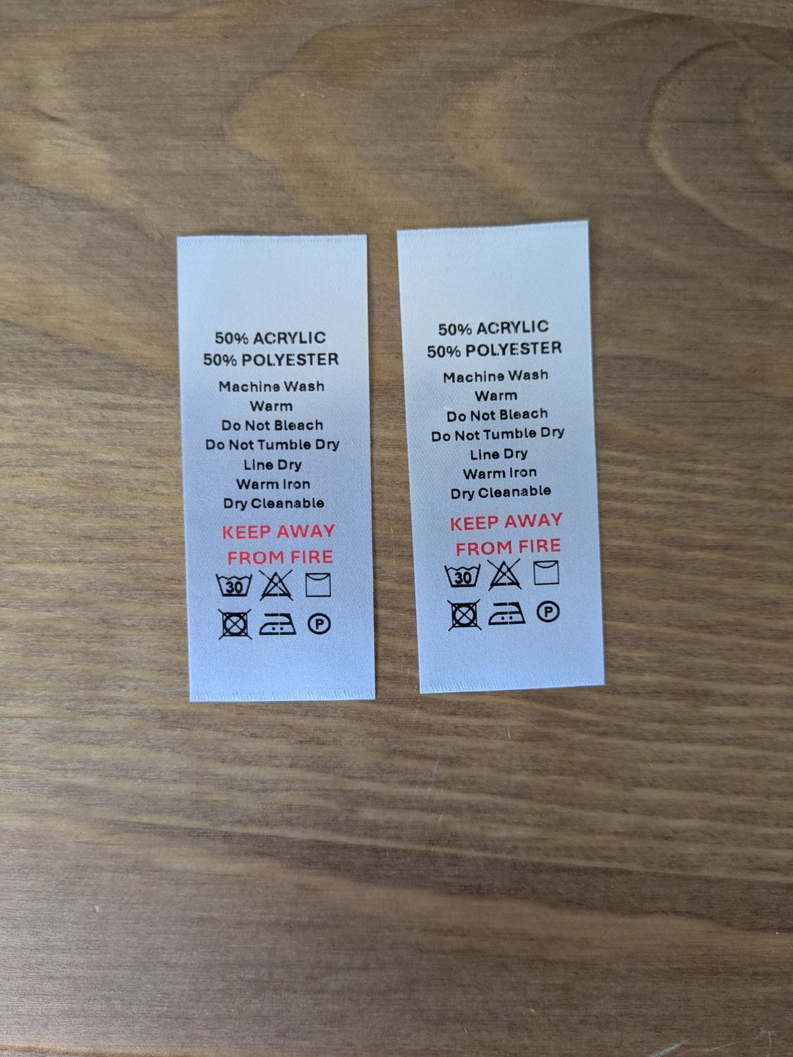 50% Acrylic, 50% Polyester – Printed Garment &amp; Care Tags