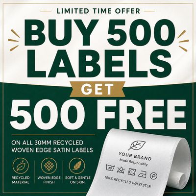30mm White Woven Edge Satin PRINTED - Buy 500 Labels, Get 500 FREE BUY 500 LABELS GET 500 FREE