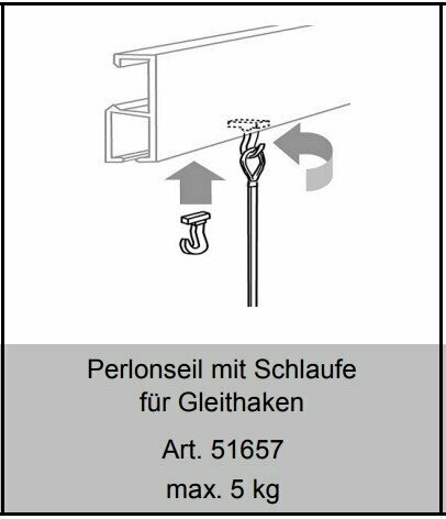 Set, Perlonseile mit Schlaufe und Gleithaken, 2mm stark, 2 m lang