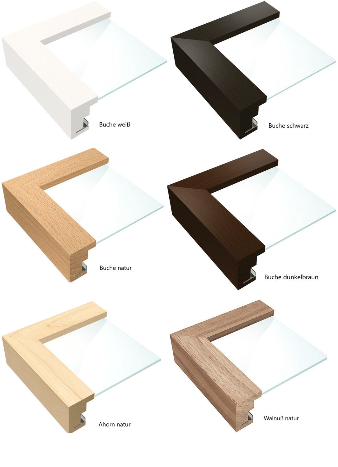 Hochwertiger Wechselrahmen, gefertigt aus massivem Hartholz, 6 Farbtöne, 3 Holzarten. 32 Standardformate. Made in Germany.