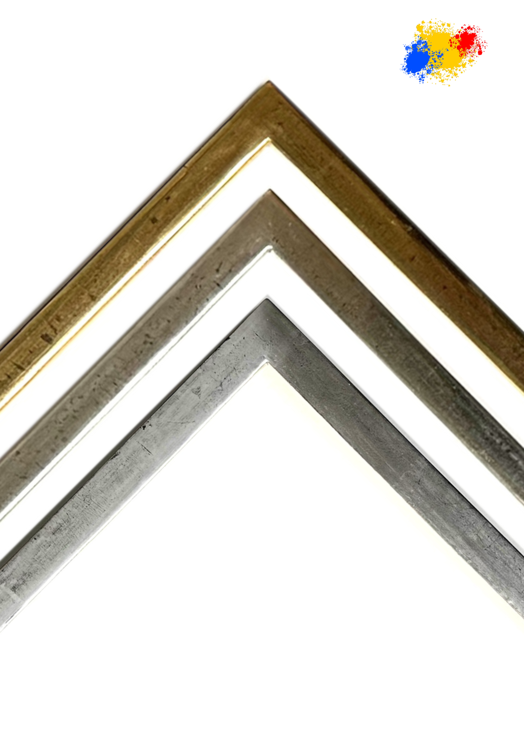 Picture frames, 100% hand-gilded in own workshop. Simple, angular graphic bar, 15 mm wide, three variants to choose from.  Tailored to measure.