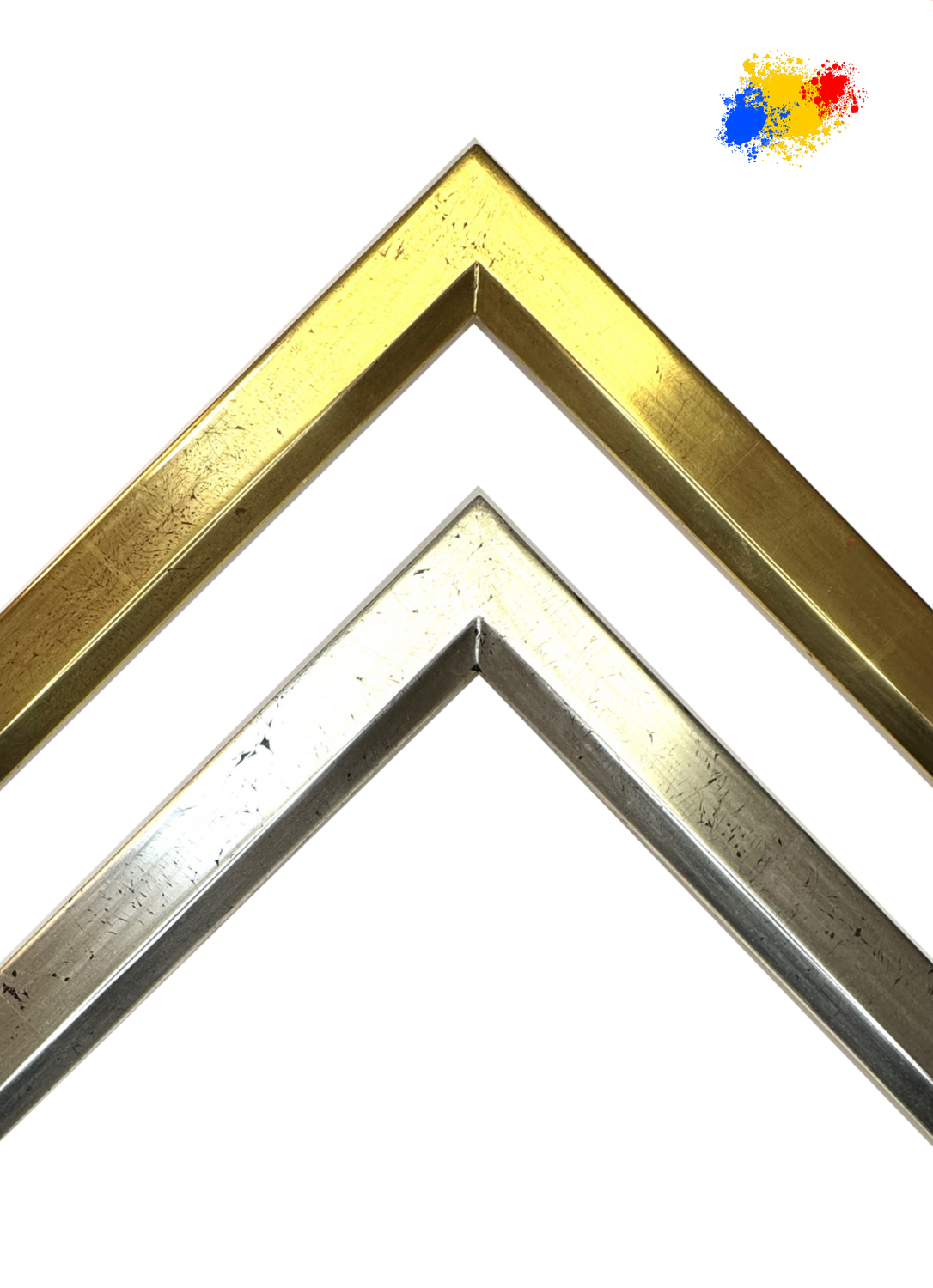 Picture frames, completely hand-gilded in own workshop. Simple, angular graphic bar with beveled chamfer to the centre of the image, 30 mm wide, two variants to choose from.  Tailored to measure.