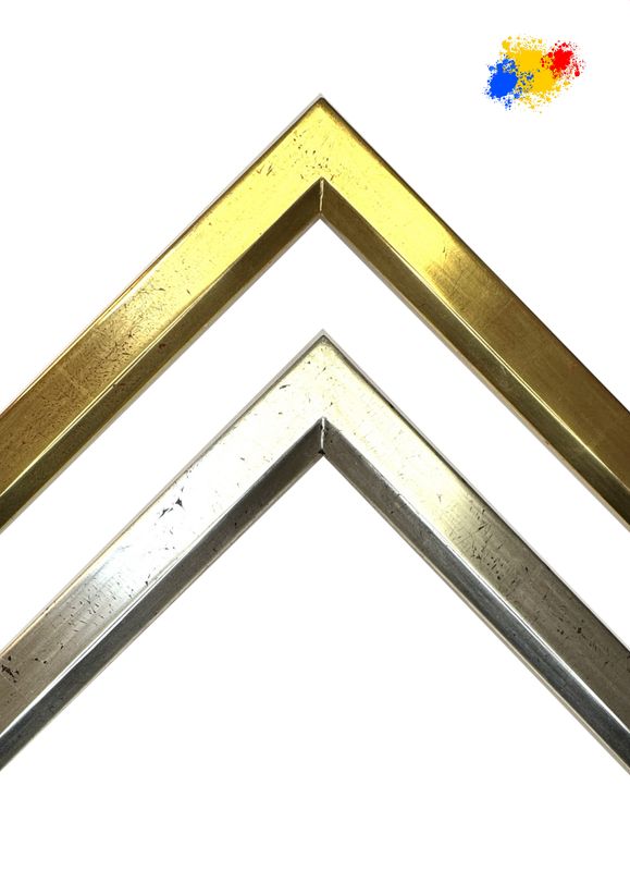 Picture frames, completely hand-gilded in own workshop. Simple, angular graphic bar with beveled chamfer to the centre of the image, 30 mm wide, two variants to choose from.  Tailored to measure.